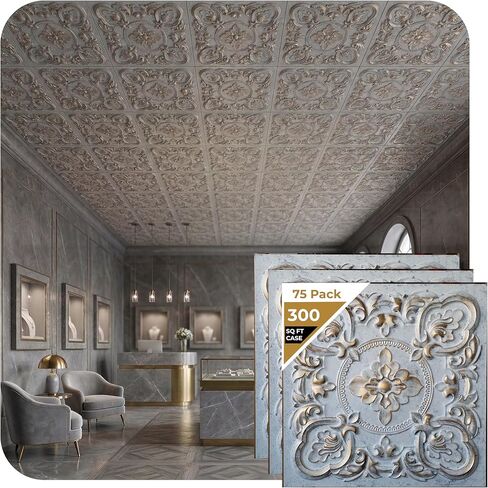 من عادي إلى جميل في ساعات DCT30agwg-24x24-10 Gaby PVC 2 × 2 بوصة غراء أو بلاط سقف قابل للوضع (علبة / 40 قدم مربع)، ذهب أبيض قديم، 10 in Kuwait