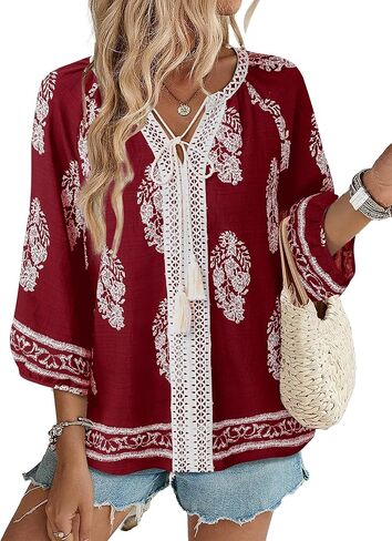 Gaharu Women's 3/4 Sleeve Boho Tops Casual V Neck Floral Print Lourd Fit Fit Tunic in Kuwait