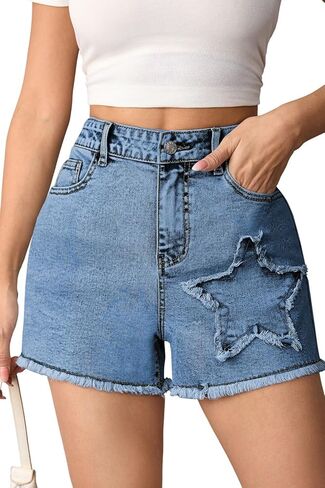 Pink Queen Women's High Waisted Denim Shorts 2026 Casual Star/Bow Frayed Hem Summer Hot Short Jeans with Pockets in Saudi Arabia