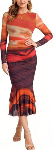 Besshopie Women's Tie Tie Dye Long Sleeve Ruched Dresses Layered Shulk Hend Cocktail Cocktail Body Body for Wedding Guest in Kuwait
