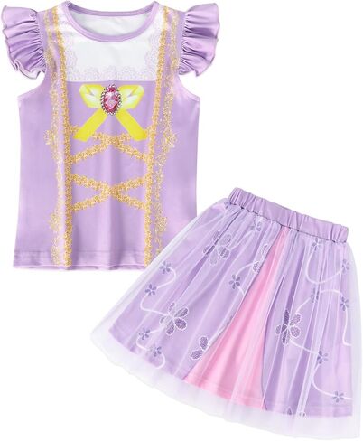 COTRIO Girls Tulle Skirt Set Princess Dress Toddler Birthday Outfit Two Piece Ruffle Sleeve T-Shirt Tutu Dress Kids Clothes in Kuwait