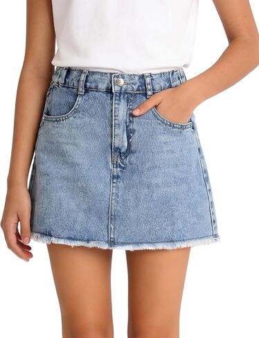 PATPAT Denim Skirt for Girls 5-14 Years, A-Line Mid Waist Mini Jean Skirt with Elastic Waistband & Frayed Hem in Saudi Arabia
