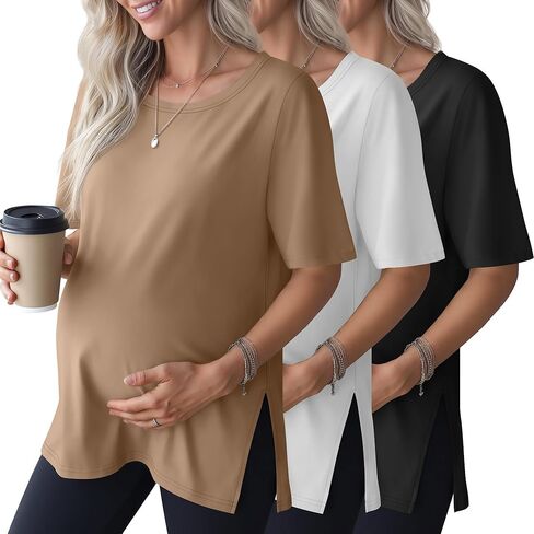 3 Pack Women's Maternity Shirts Short Sleeve Round Neck Side Split Pregnancy Tops Loose Summer Casual Mama Clothes in Saudi Arabia