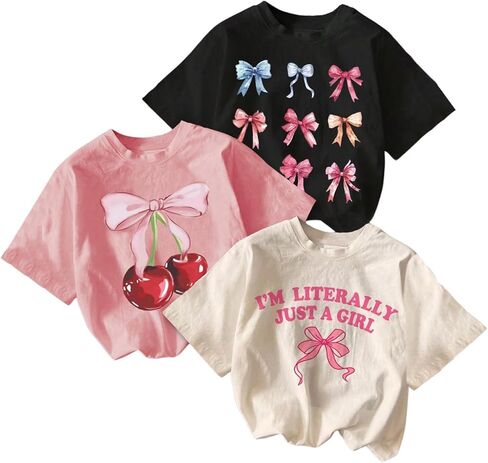 مجموعة QJQ للفتيات مكونة من 3 قطع تي شيرت برسومات على شكل فيونكة الكرز وأكمام قصيرة وفتحة رقبة دائرية تي شيرت صيفي عصري ملابس علوية لطيفة in Kuwait