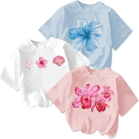 QJQ Girl's 3 Piece Set Bow Cherry Graphic T Shirts Short Sleeve Crewneck Tees Summer Trendy Preppy Cute Tops Clothes in Saudi Arabia