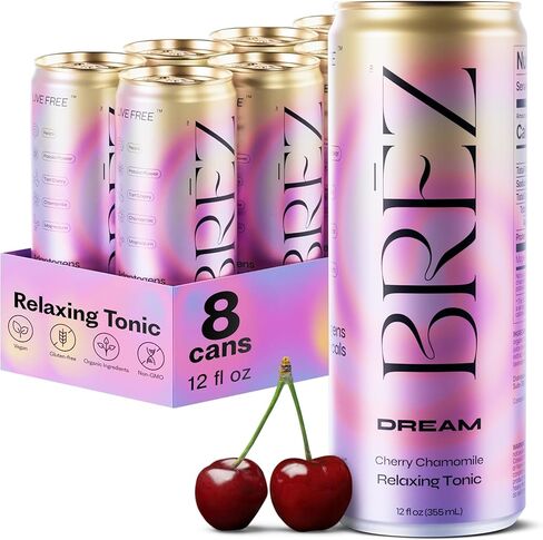 BRĒZ Dream Reishi Mushroom Drink, Non-Infused Relaxing Tonic with Reishi, Chamomile, Tart Cherry, Magnesium & L-Theanine, Vegan Adaptogen Drink for Sleep, Calm & Mood, 12 fl oz - 8 Pack in Saudi Arabia