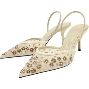 صنادل نسائية شبكية مطرزة بالزهور بكعب Slingback مع لؤلؤ مرصع بمقدمة مدببة وكعب دانتيل بدون ظهر سهلة الارتداء بكعب قطة أحذية حفلات الزفاف in Kuwait