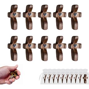 Cross My Heart Wooden Fidget Token for Anxiety - Handheld Pocket Prayer Cross for Meditation & Stress Relief, Solid Wood Holding Set of 10 with Organza Bags, Inspirational Christian Gifts in Saudi Arabia