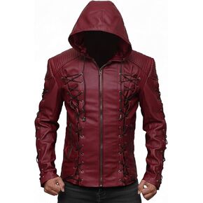 Men’s Red Hooded Leather Jacket Moto Biker Style Leather Streetwear Costume Modern Fit Outerwear in Saudi Arabia