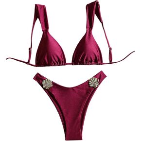 طقم بيكيني نسائي مكون من قطعتين من Verdusa ربطة عنق معدنية على شكل صدفة بدون ظهر عالية القطع ملابس سباحة للاستحمام in Kuwait