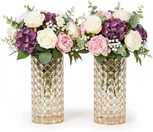 مزهرية بيضاوية الشكل مجوفة من الكريستال - قطعتان من مزهرية الزهور الأسطوانية - مزهريات ذهبية للقطع المركزية، ديكور منزلي لامع، حاملات شموع أسطوانية مزخرفة، 10.4 بوصة in Kuwait