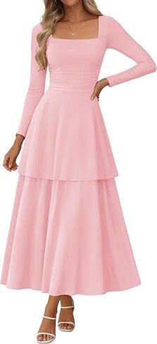 Lazysmile Women's Long Sleeve Fall Dresses Square Neck Ruched Waist Ruffle Hem Flowy Elegant Modest Boho Casual Maxi Dress in Saudi Arabia