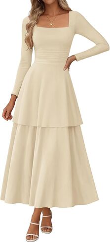 Lazysmile Women's Long Sleeve Fall Dresses Square Neck Ruched Waist Ruffle Hem Flowy Elegant Modest Boho Casual Maxi Dress in Saudi Arabia