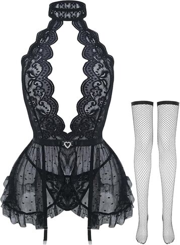 Aranmei Sexy Lingerie for Women Lace Deep V Halter Mesh Chemise 3 Piece Babydoll Lingerie with Garter and Stockings S-XXL in Saudi Arabia
