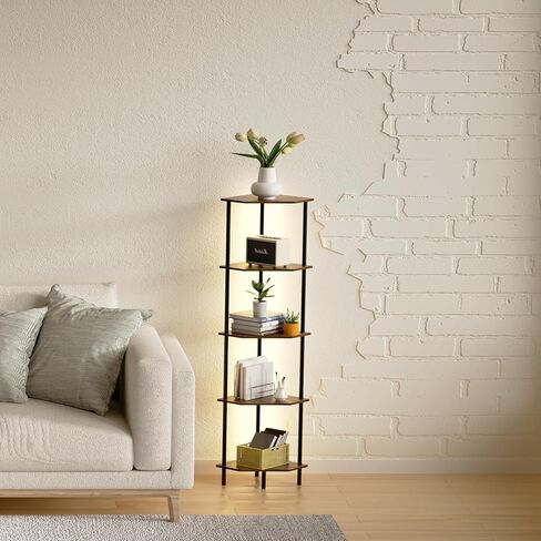 حامل رف زاوية، وحدة رف تخزين قائم بإطار معدني، رف كتب ضيق مع حامل عرض نباتي بني فاتح LED، خزانة زاوية متعددة الوحدات لغرفة النوم وغرفة المعيشة (6 طبقات) in Kuwait