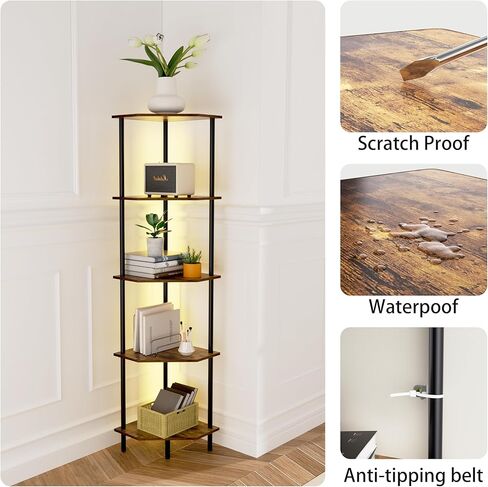 حامل رف زاوية، وحدة رف تخزين قائم بإطار معدني، رف كتب ضيق مع حامل عرض نباتي بني فاتح LED، خزانة زاوية متعددة الوحدات لغرفة النوم وغرفة المعيشة (6 طبقات) in Kuwait