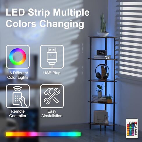 حامل رف زاوية، وحدة رف تخزين قائم بإطار معدني، رف كتب ضيق مع حامل عرض نباتي بني فاتح LED، خزانة زاوية متعددة الوحدات لغرفة النوم وغرفة المعيشة (6 طبقات) in Kuwait