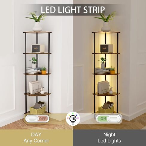 حامل رف زاوية، وحدة رف تخزين قائم بإطار معدني، رف كتب ضيق مع حامل عرض نباتي بني فاتح LED، خزانة زاوية متعددة الوحدات لغرفة النوم وغرفة المعيشة (6 طبقات) in Kuwait