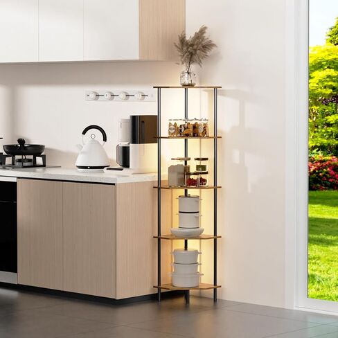 حامل رف زاوية، وحدة رف تخزين قائم بإطار معدني، رف كتب ضيق مع حامل عرض نباتي بني فاتح LED، خزانة زاوية متعددة الوحدات لغرفة النوم وغرفة المعيشة (6 طبقات) in Kuwait