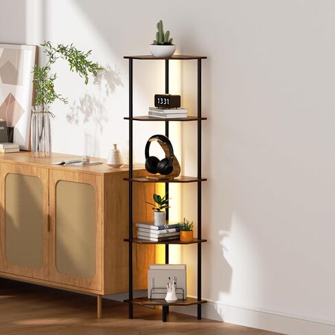 حامل رف زاوية، وحدة رف تخزين قائم بإطار معدني، رف كتب ضيق مع حامل عرض نباتي بني فاتح LED، خزانة زاوية متعددة الوحدات لغرفة النوم وغرفة المعيشة (6 طبقات) in Kuwait