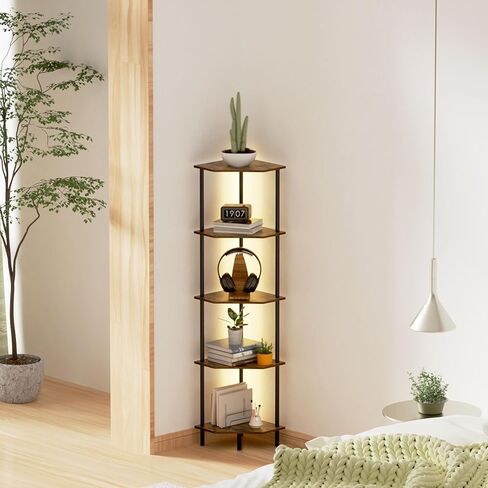 حامل رف زاوية، وحدة رف تخزين قائم بإطار معدني، رف كتب ضيق مع حامل عرض نباتي بني فاتح LED، خزانة زاوية متعددة الوحدات لغرفة النوم وغرفة المعيشة (6 طبقات) in Kuwait