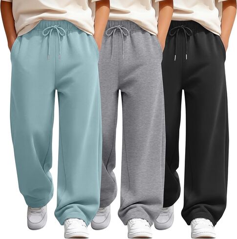 3 Pack Boys Sweatpants Teen Straight Leg Athletic Drawstring Joggers Casual Kids Open Bottom Pants with Pockets in Saudi Arabia