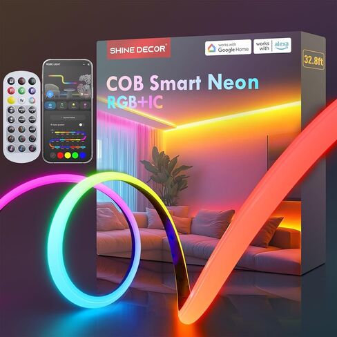 Shine Decor COB RGB+IC LED ضوء حبل نيون، ضوء حبل متغير اللون 24 فولت متوافق مع Alexa، Google Assistant، شريط ضوء نيون مقاوم للماء مع جهاز تحكم عن بعد لحفلة غرفة النوم، 13 × 6 مم، 16.4 قدم in Saudi Arabia