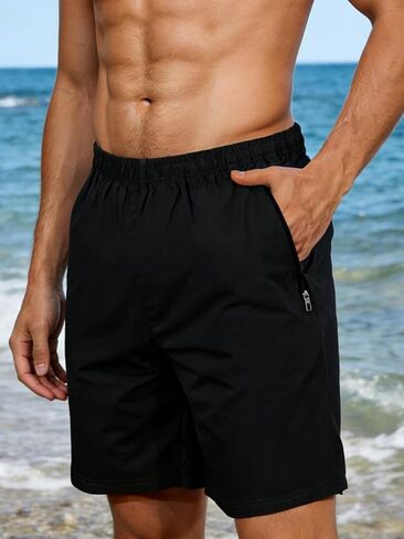 Men's Swim Trunks Solid Quick Drying Beach Swimming Board Shorts with Zipper Pockets in Saudi Arabia