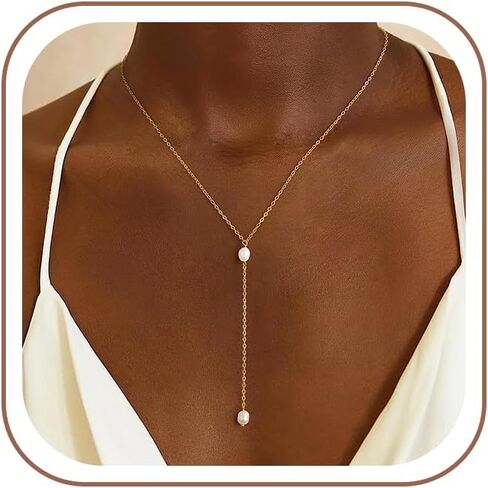 Lariat Gold Necklace for Women, Dainty Long Necklace 14k Gold Plated Y-Shaped Necklace Trendy Layered Bar Paperclip Link Beaded Chain Necklaces Simple Gold Jewelry for Women Gift in Saudi Arabia