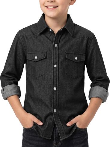 Spring&Gege Western Boys Denim Button Down Shirt Long Sleeve Pearl Snap with Two Flap Pockets (5-14 Years) in Saudi Arabia