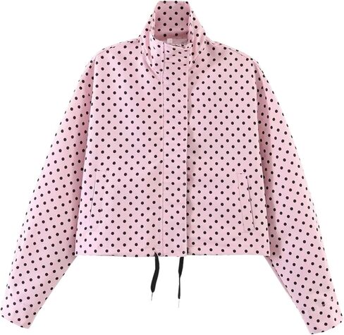 Xunger Women’s Polka Dot Jacket High Neck Long Sleeve Drawstring Hem Casual Trendy Cropped Coat with Pockets in Saudi Arabia