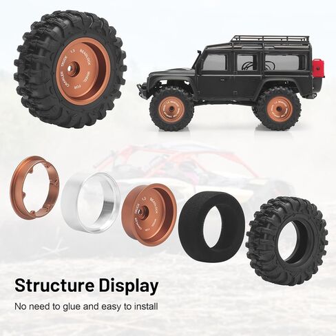 1.3 Beadlock RC Wheels and Tires, daitoku 1.3" Wheel Tires Set Aluminum Wheels Rims for TRX4M SCX24 1/18 1/24 RC Crawler - Black in Saudi Arabia