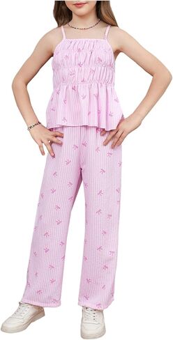 MakeMeChic Girl's 2 Piece Outfits Striped Bow Print Cami Top and Wide Leg Pants Summer Set in Saudi Arabia