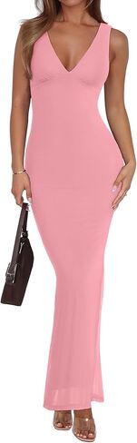 REORIA Women's Summer V Neck Sleeveless Wedding Guest Maxi Dress Sexy Mesh Bodycon Long Dresses in Kuwait