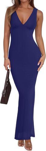 REORIA Women's Summer V Neck Sleeveless Wedding Guest Maxi Dress Sexy Mesh Bodycon Long Dresses in Kuwait
