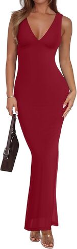REORIA Women's Summer V Neck Sleeveless Wedding Guest Maxi Dress Sexy Mesh Bodycon Long Dresses in Kuwait