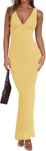 REORIA Women's Summer V Neck Sleeveless Wedding Guest Maxi Dress Sexy Mesh Bodycon Long Dresses in Kuwait