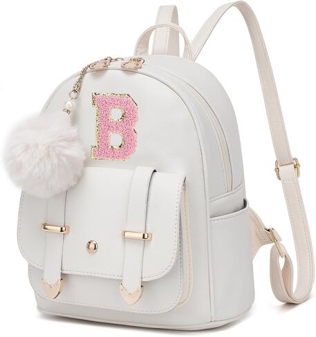 seyfocnia Initial Cute Mini Backpack, Small Backpack Purse for Women Personalized Letter Style Small Leather Backpack Pompom Back Pack Shoulder Bag for Gifts, Travel - White (Letter A) in Kuwait