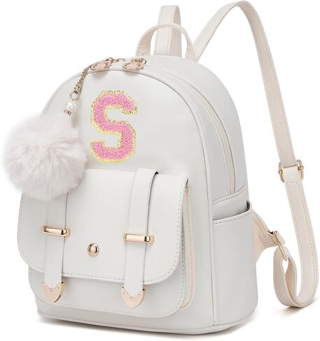 seyfocnia Initial Cute Mini Backpack, Small Backpack Purse for Women Personalized Letter Style Small Leather Backpack Pompom Back Pack Shoulder Bag for Gifts, Travel - White (Letter A) in Kuwait