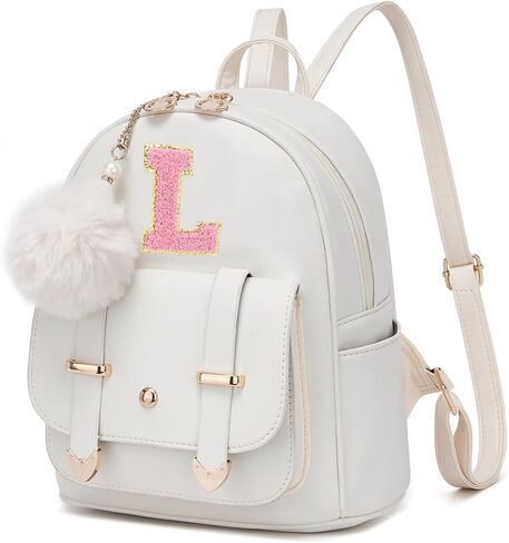 seyfocnia Initial Cute Mini Backpack, Small Backpack Purse for Women Personalized Letter Style Small Leather Backpack Pompom Back Pack Shoulder Bag for Gifts, Travel - White (Letter A) in Kuwait