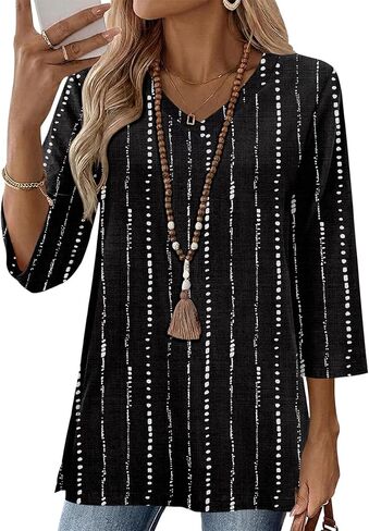 AKEWEI 3/4 Length Sleeve Cotton Linen Womens Tops V Neck Loose Fit Dressy Casual Blouse Flowy Shirts Womens Clothing in Saudi Arabia