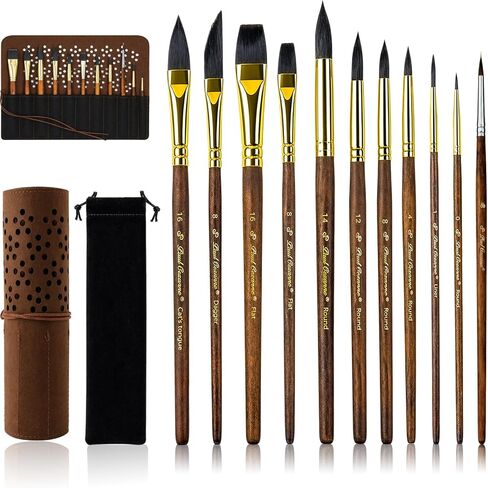 فرش ألوان مائية احترافية، 11 قطعة من فرش الرسم بالألوان المائية لفناني السناجب الاصطناعية - نقطة ممتدة، مسطحة، مدببة مستديرة، لسان القطط، خنجر للألوان المائية، طلاء أكريليك (11، بني) in Kuwait