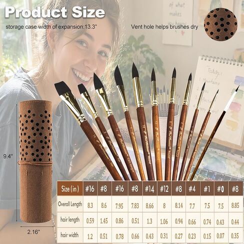 فرش ألوان مائية احترافية، 11 قطعة من فرش الرسم بالألوان المائية لفناني السناجب الاصطناعية - نقطة ممتدة، مسطحة، مدببة مستديرة، لسان القطط، خنجر للألوان المائية، طلاء أكريليك (11، بني) in Kuwait