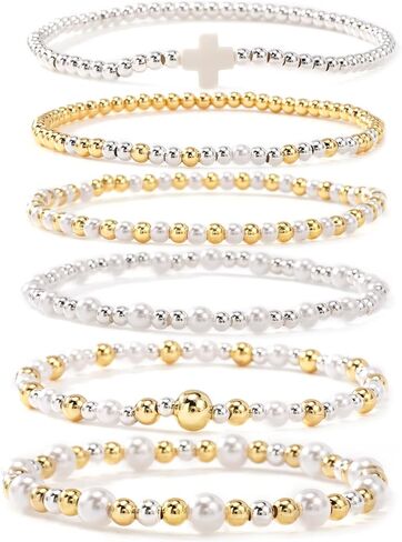 Silver Gold Beaded Bracelets for Women Stackable 14K Gold Plated Beads Ball Cross Bracelet Stack Non Tarnish Elastic Stretch Trendy Jewelry Christian Friendship Christmas Gifts for Women in Saudi Arabia