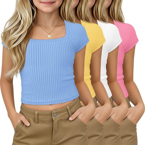 4 Pack Girls Crop Tops Ribbed Knit Short Sleeve Shirts Square Neck 5-14 Years Basic Soft Slim Fitted Tees in Saudi Arabia