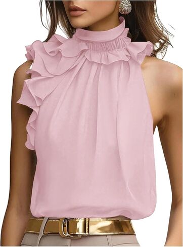 SOLY HUX Women's Elegant Blouse Ruffle Trim Sleeveless Mock Neck Halter Tank Top Office Outfit in Saudi Arabia
