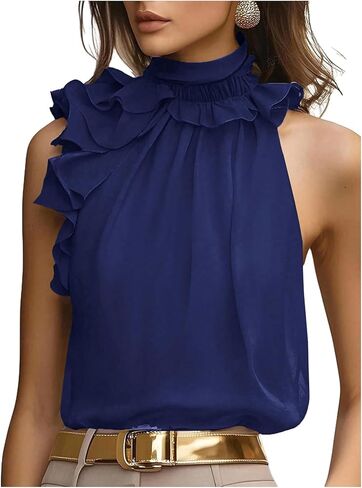 SOLY HUX Women's Elegant Blouse Ruffle Trim Sleeveless Mock Neck Halter Tank Top Office Outfit in Saudi Arabia