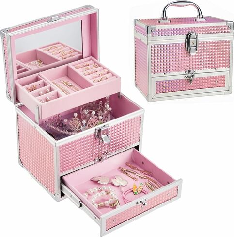Hododou Girls Jewelry Box Organizer with Drawer & Mirror, Shiny Pink Style Lockable Storage Case for Kid or Little Girls Jewelry and Hair Accessories in Kuwait