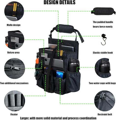 Front & Seat back organizer with dedicated tablet and laptop storage stabilizers external stabilizing side straps soft adjustable shoulder straps and hardened buckles (Black Seat Organizer) in Saudi Arabia