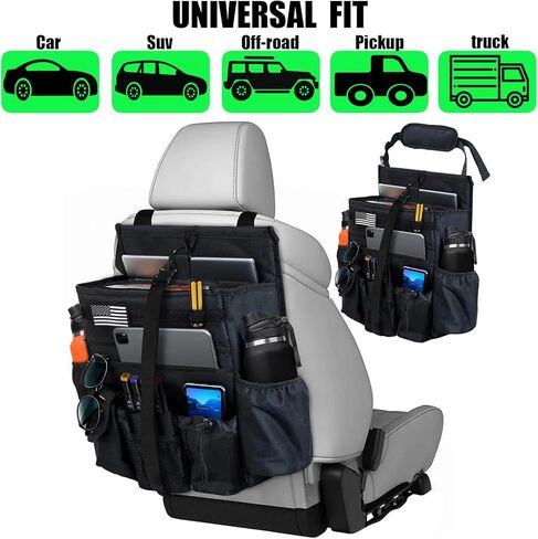 Front & Seat back organizer with dedicated tablet and laptop storage stabilizers external stabilizing side straps soft adjustable shoulder straps and hardened buckles (Black Seat Organizer) in Saudi Arabia
